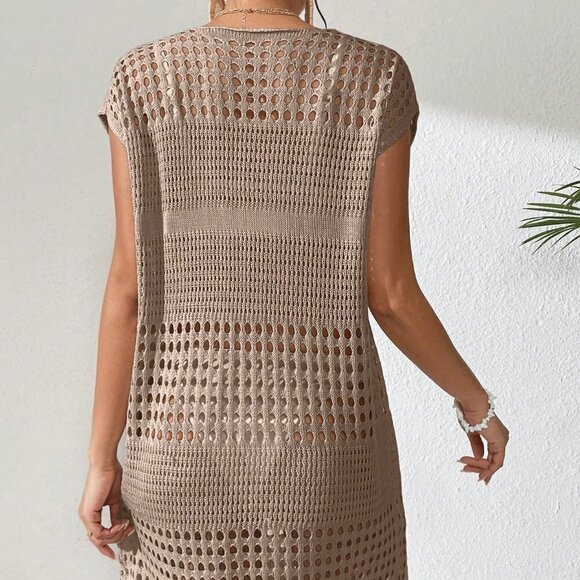 Khaki Boho Women's Hollow Out Batwing Sleeve Cover Up Dress - Picture 2 of 5